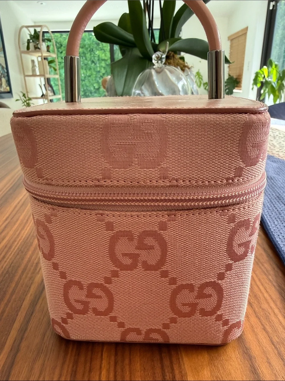 Vintage Gucci Pink GG Canvas Vanity Case with Top Handle